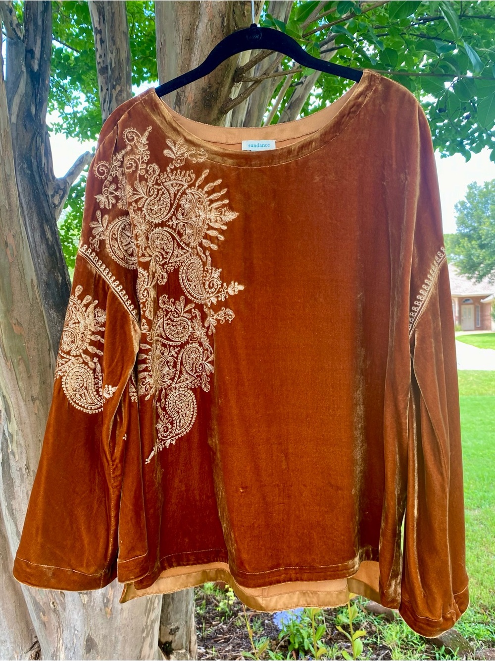 Sundance Caramel Dreams Harvest Boho Velvet Bell Sleeve Top - Picture 2 of 3